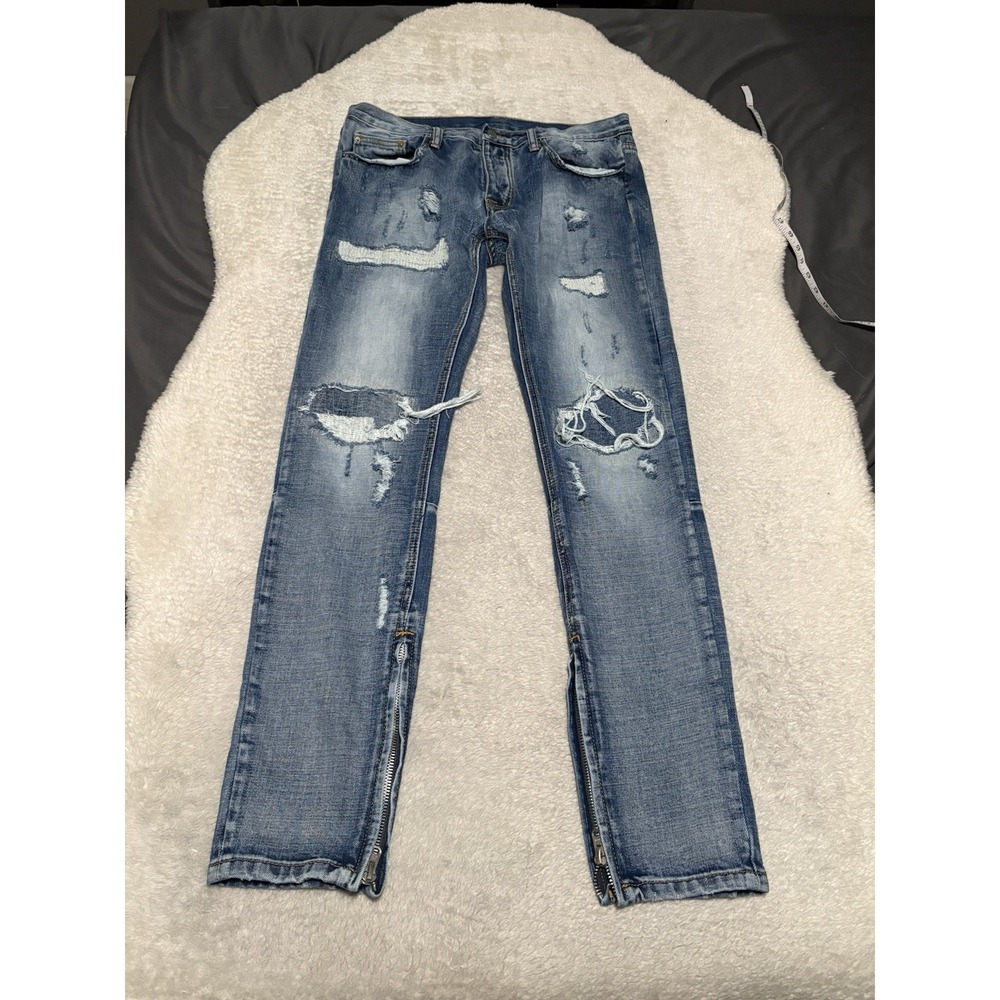 MNML Men's Skinny Distressed Blue Denim Jeans Size 34x34 Pants Ankle Zip